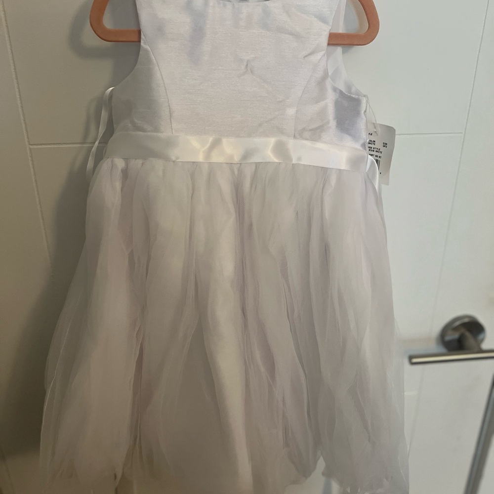 White Tulle Girls Dress with Satin Waistband